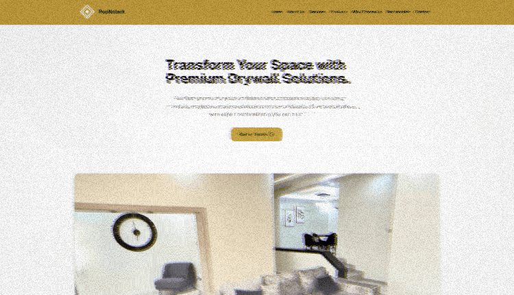 Modern construction website interface showcasing drywall installation, premium plasterboards, and professional ceiling designs